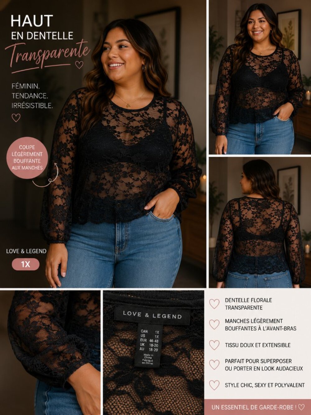 Love & Legend Sheer Lace Top – Black Floral Mesh Blouse – Plus Size 1X